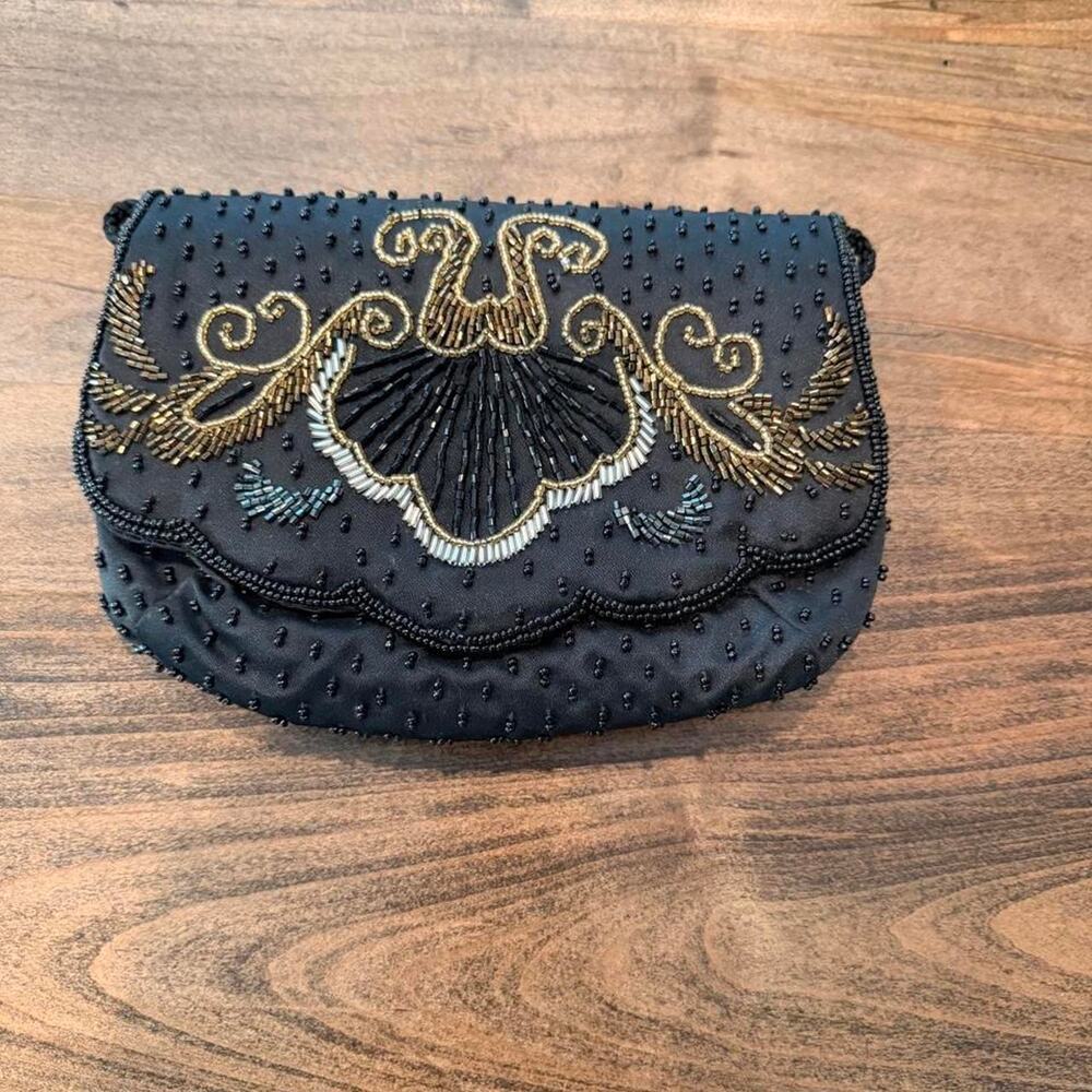 Vintage 80s Black Beaded Satin Evening Clutch Shoulder Bag Art Deco